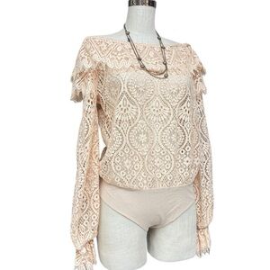 Perseverance London Blush Lace Off Shoulder Bodysuit Top Size 10 Romantic Lace